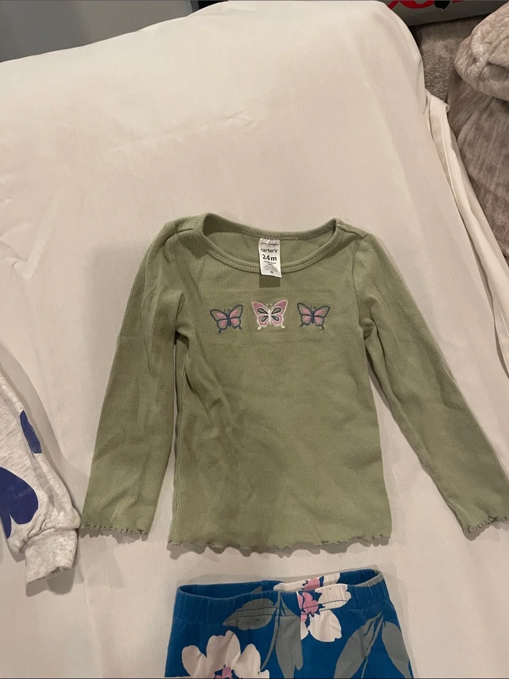 Kids Pajama Set - Green Butterfly Top & Blue Floral / White Heart Pants